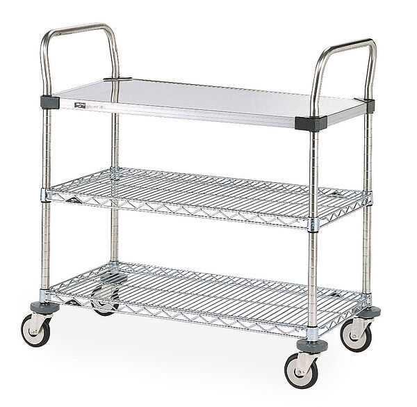 Mehrzweckwagen mit 1 geschlossenem Regal und 2 Drahtregalen